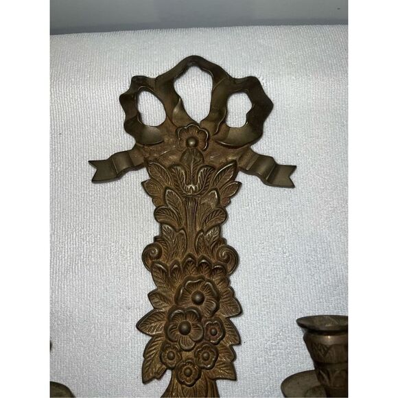 Vintage Brass Wall 2 Taper Candle Holder Sconce Gothic Victorian - Picture 5 of 8